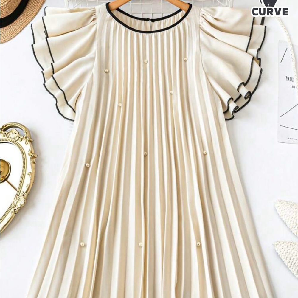 Elegant Cream Pleated Midi Dress with Contrast Trim
